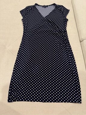 Jones New York Navy and White Polka Dot Wrap Dress